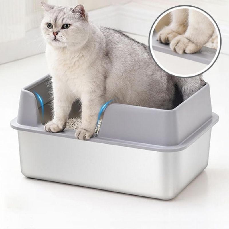 Bac à litière chat en acier inoxydable gris avec rebords hauts anti-éclaboussures