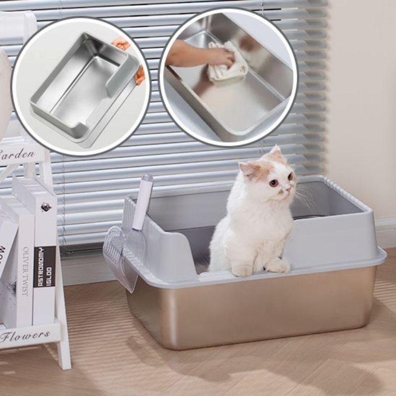 Nettoyage rapide d’un bac litière inox anti-adhésif pour chat