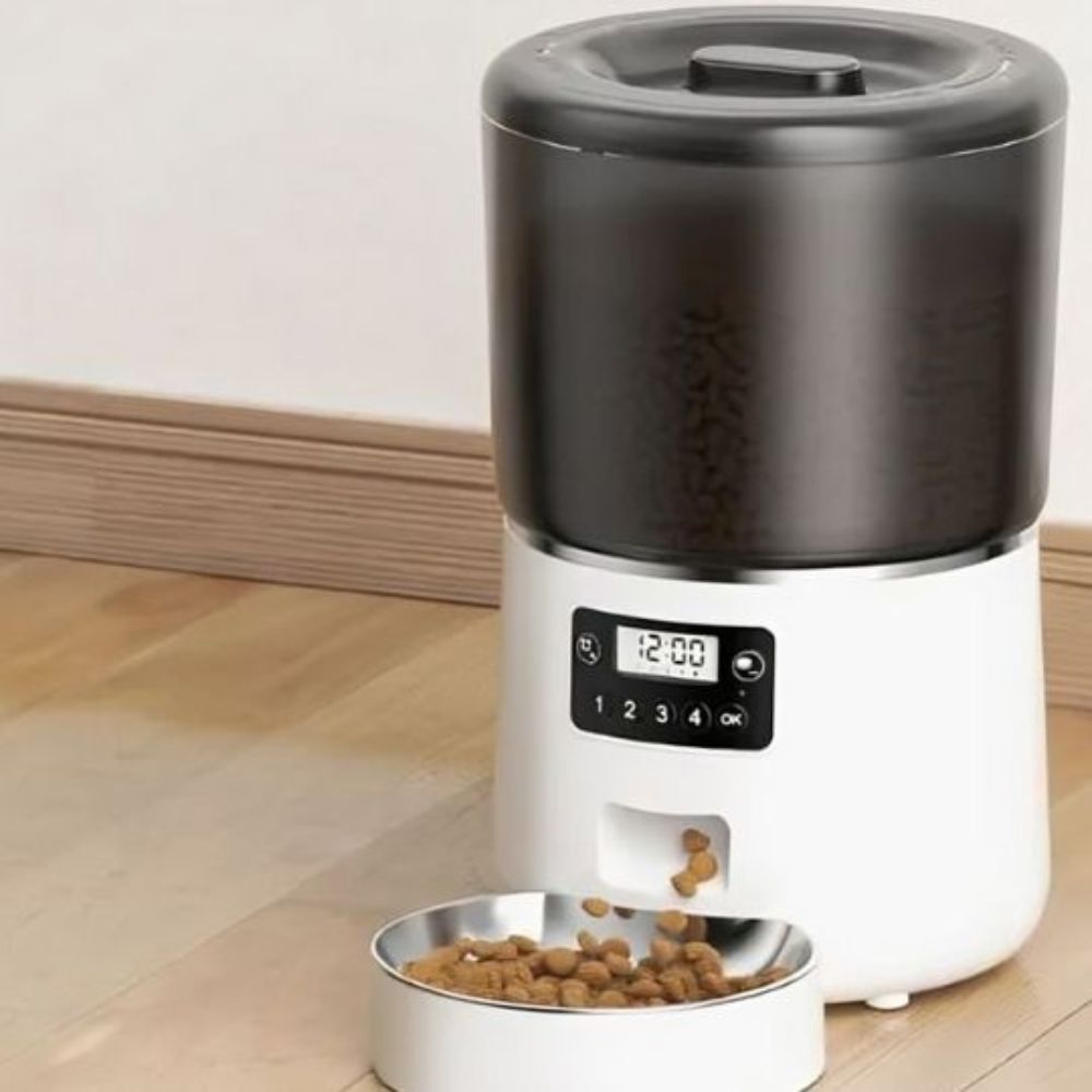 Distributeur croquettes chat noir automatique avec gamelle et grand réservoir transparent.