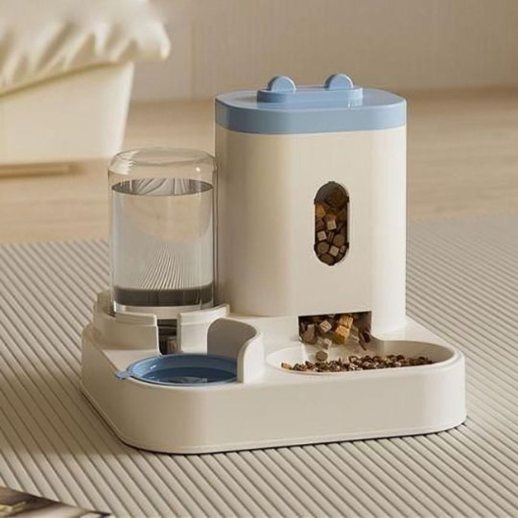 Vue rapprochée de la fontaine et du bac de croquettes du distributeur pour chat