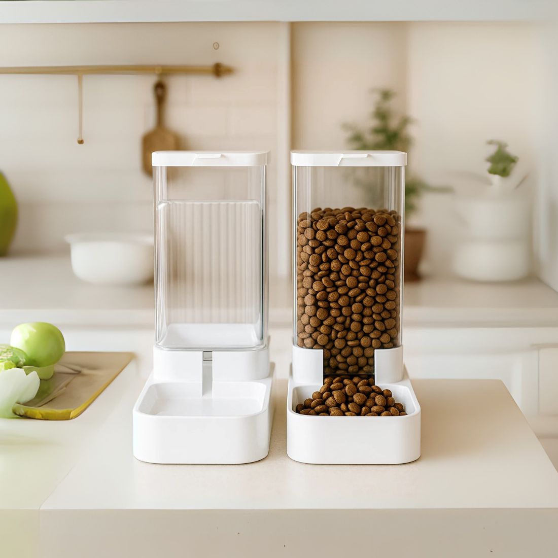 distributeur croquettes chat avec réserve visible dans une cuisine moderne blanche