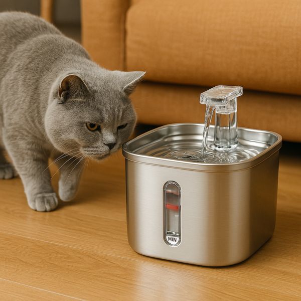 fontaine a eau chat aquazen chat gris curieux