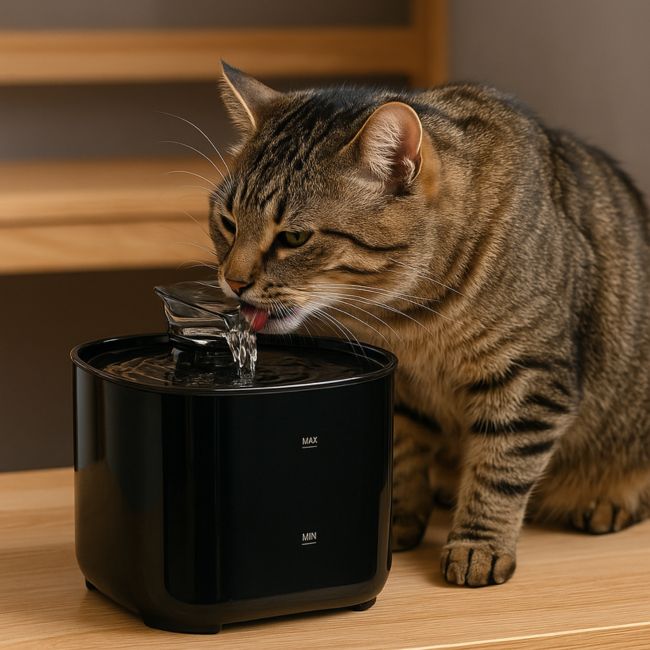 fontaine a eau chat tabby buvant hydrazen