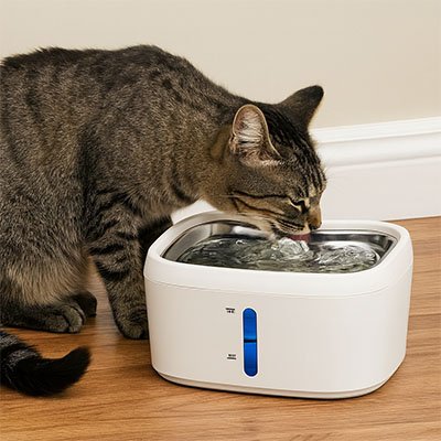 Fontaine à eau connectée MonDouxMinou intégrée dans un salon élégant, offrant un suivi de la santé du chat en toute discrétion.