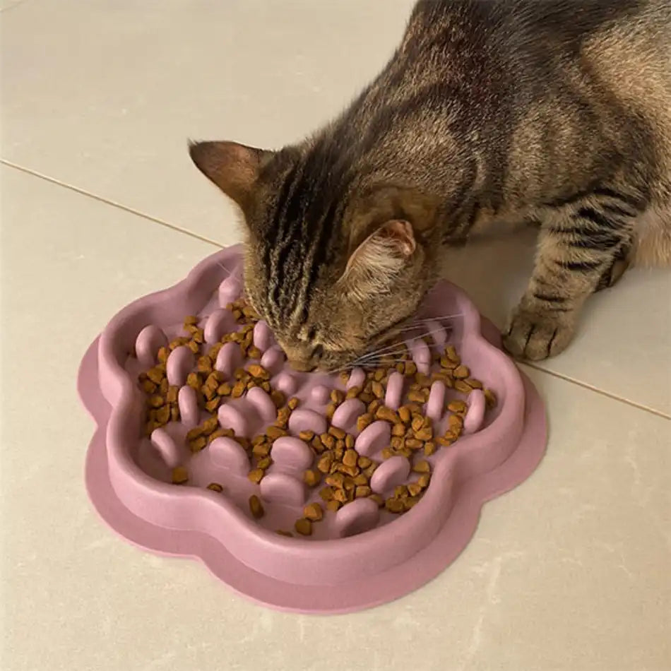 Gamelle pour chat en silicone anti glouton rose, chat tigré, base antidérapante