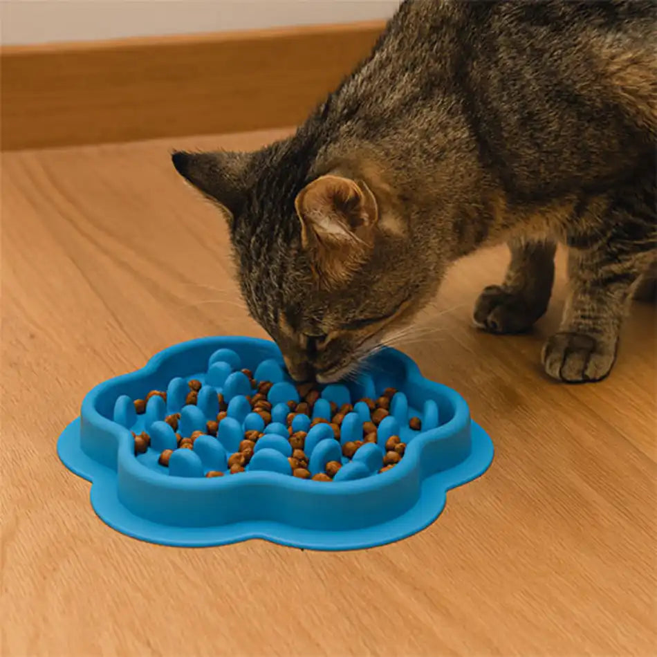 Gamelle anti glouton chat en silicone bleu, forme fleur, chat mange plus lentement