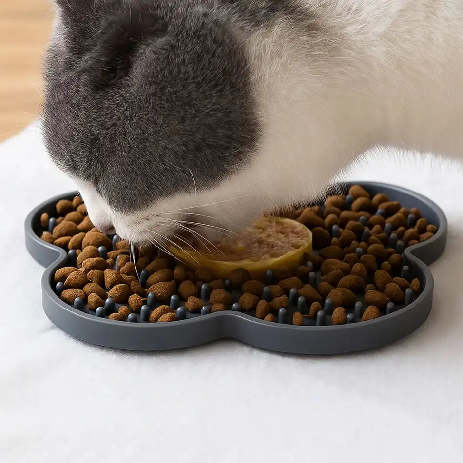 Gamelle anti glouton chat – tapis de léchage gris, picots texturés qui ralentissent la prise alimentaire