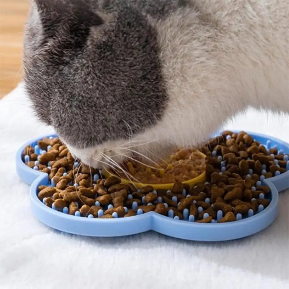 Gamelle anti glouton chat – tapis de léchage bleu, picots texturés qui ralentissent la prise alimentaire