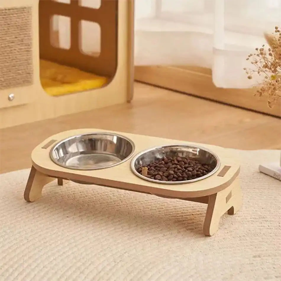 Gamelle pour chat surélevée en bois, station double bols inox au design scandinave.