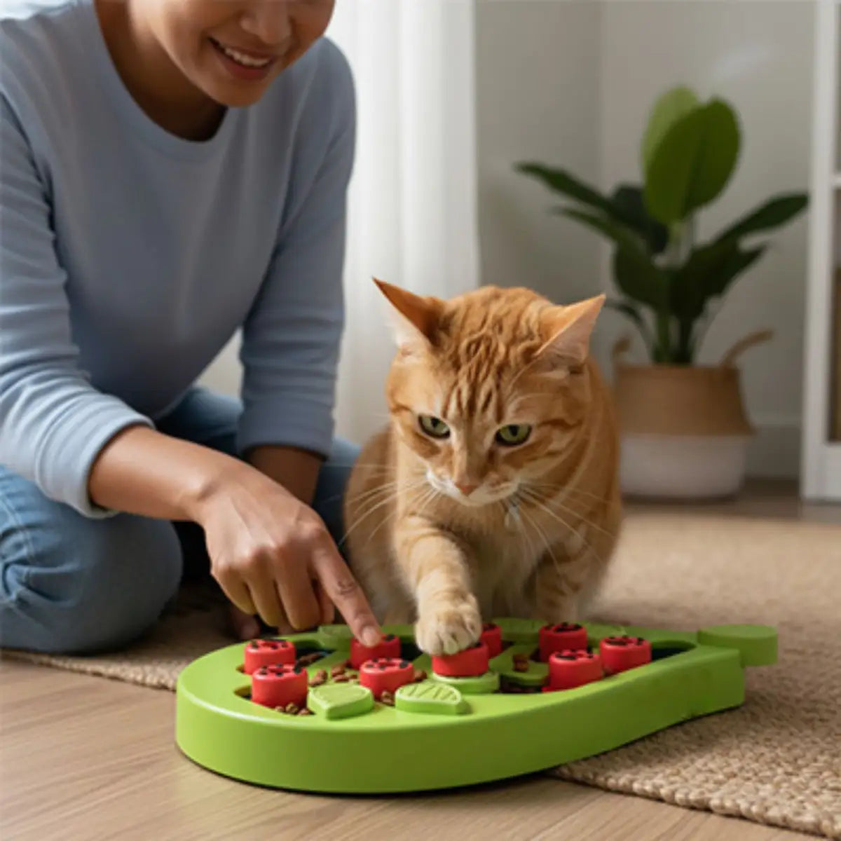 Jouet pour chat interactif en forme de plateau vert avec éléments rouges.