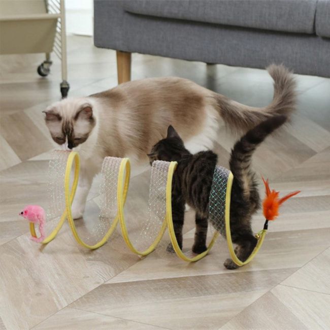Jouet chat interactif tunnel Spiralo montrant deux chat qui joue avec la plume