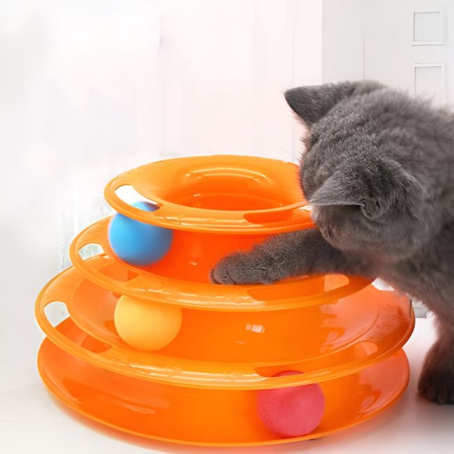 Chat gris interactif avec jouet pour chat TriLoopâą orange 3 niveaux