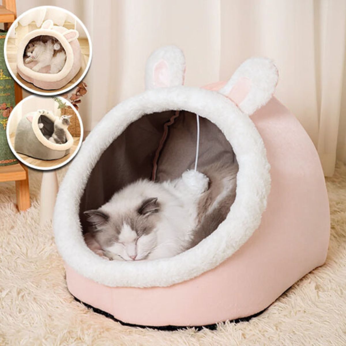Lit pour chat anti-stress avec forme enveloppante et coussin amovible