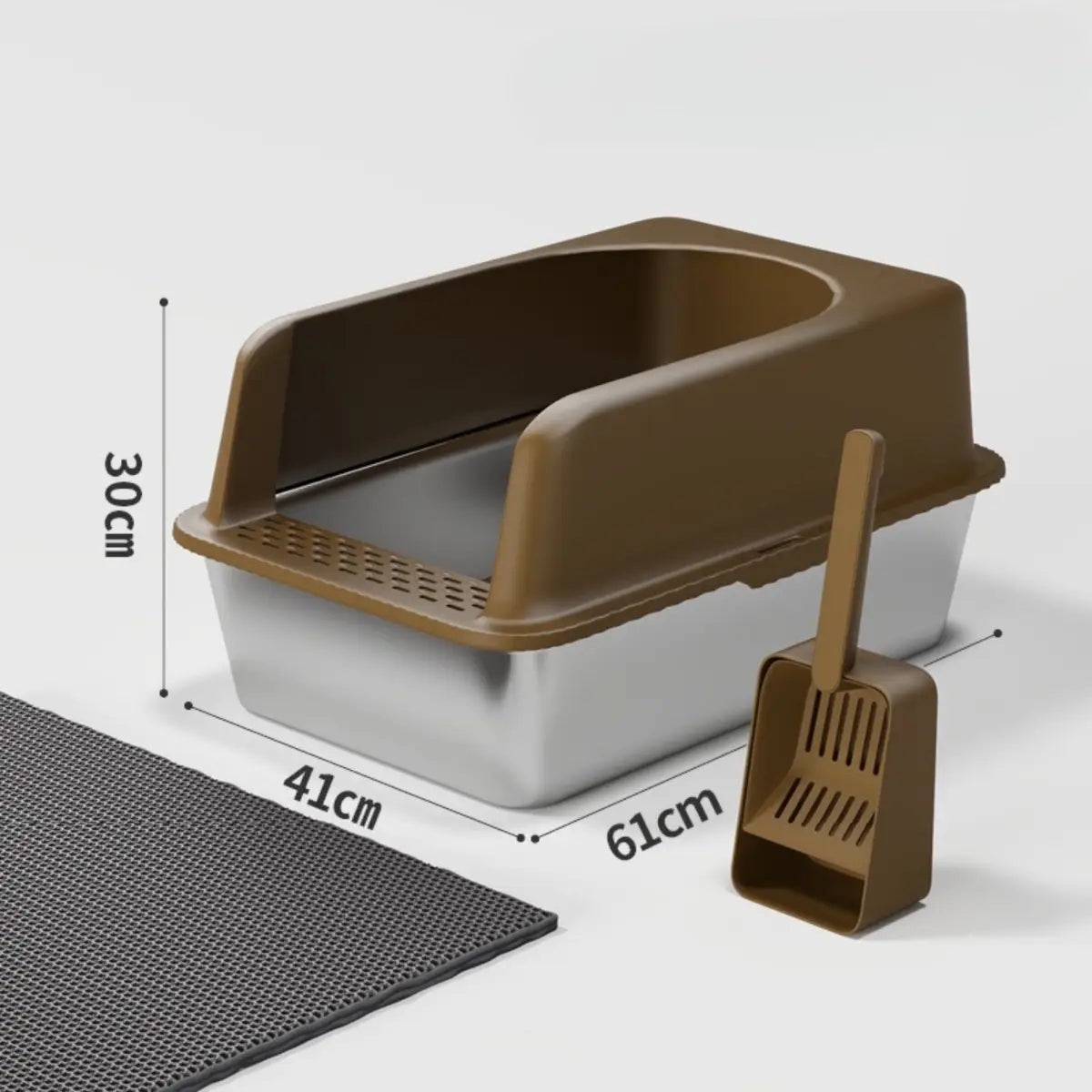 litiere chat en inox avec couvercle marron et pelle incluse, dimensions 61x41x30 cm