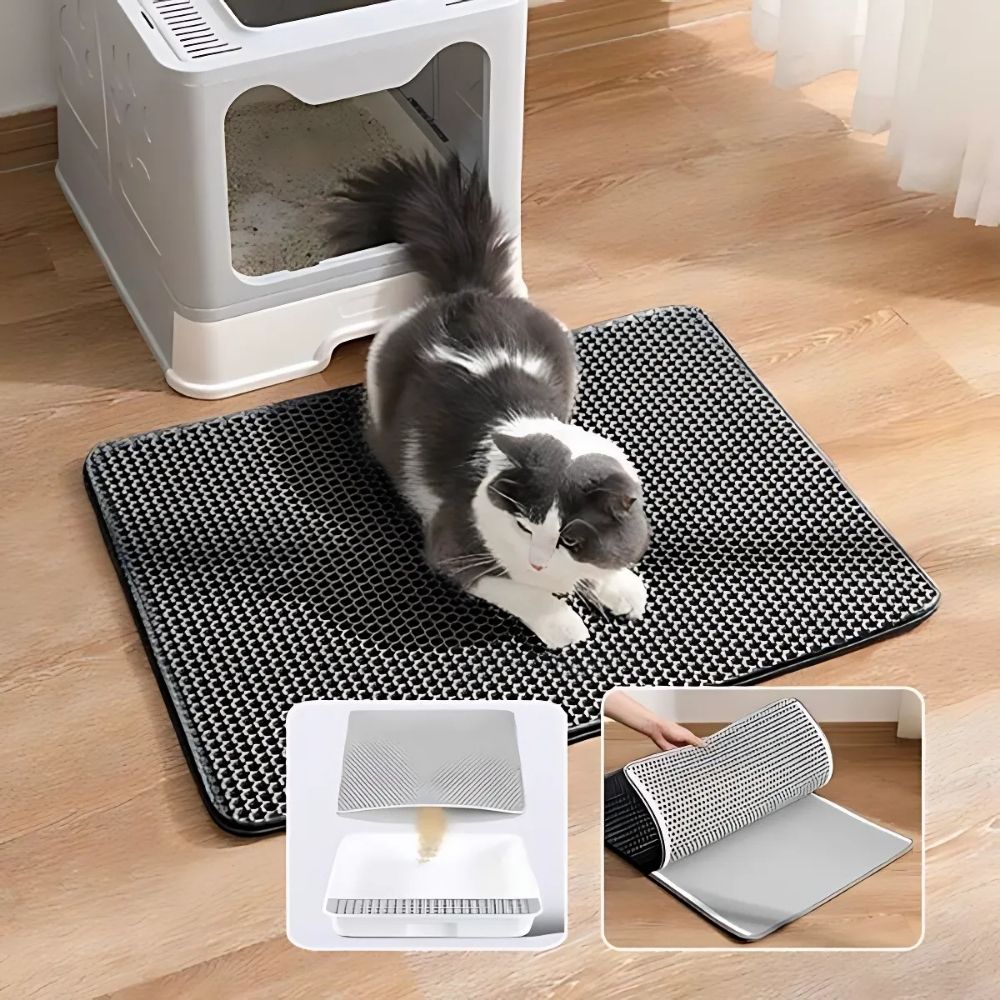 litière chat tapis nid d'abeille capture les résidus en sortie de bac