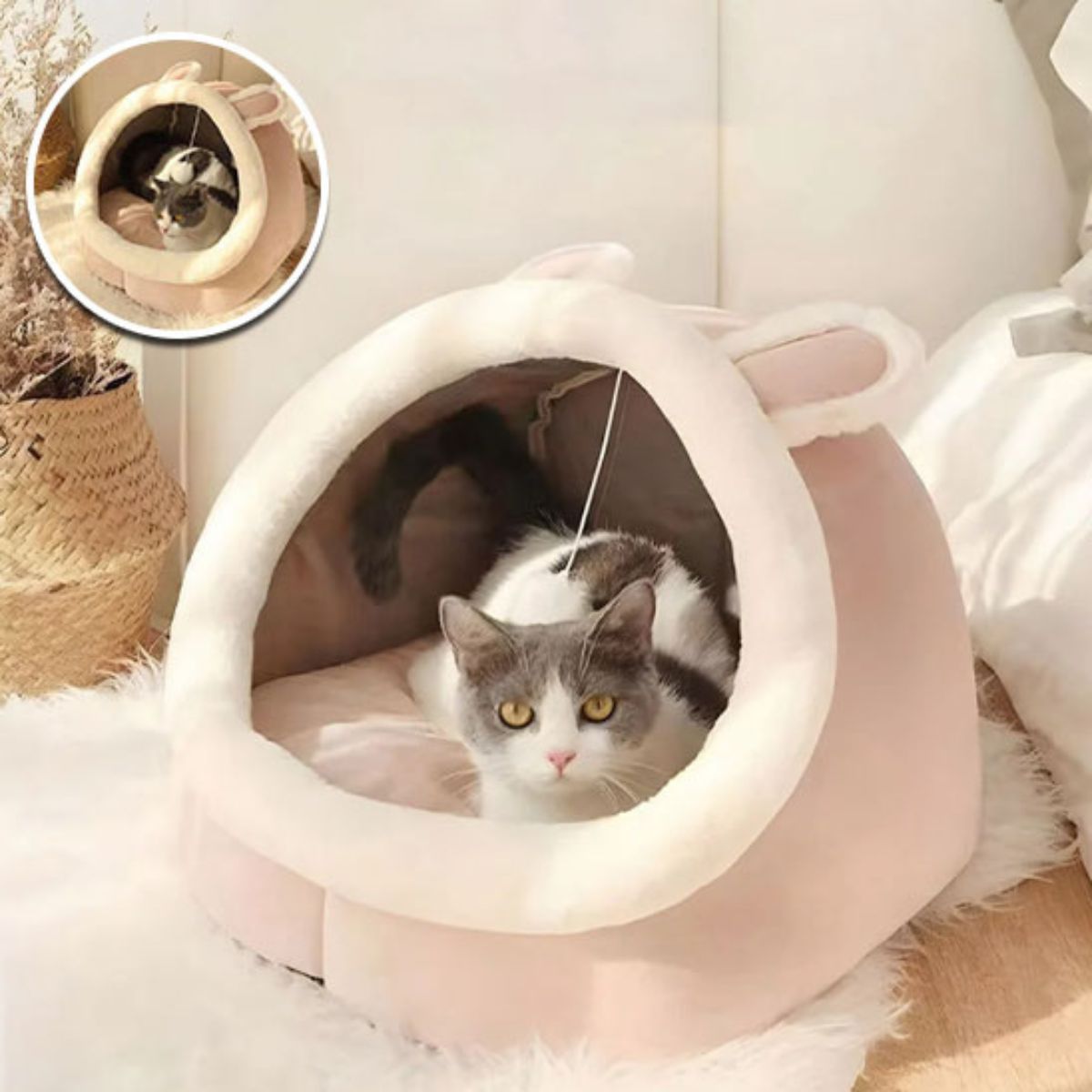 Niche pour chat cocon douce et isolante pour chat avec coussin épais et jouet intégré