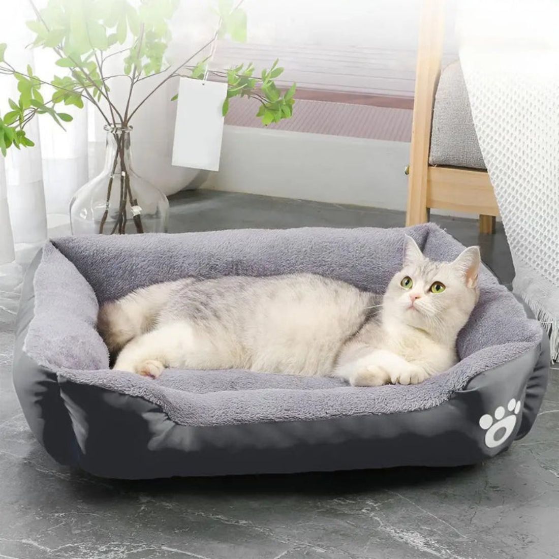 panier chat ultra doux VeluNest avec chat gris détendu