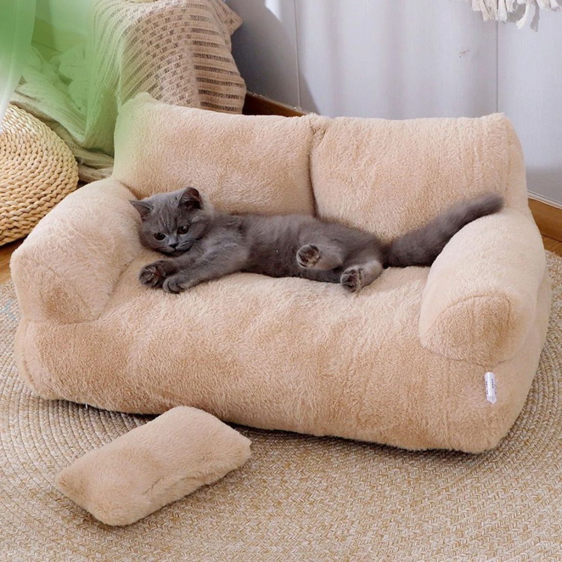 Chat détendu dans un panier canapé beige, coussin au sol