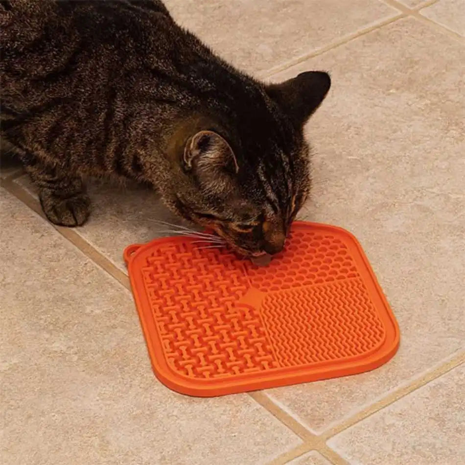 tapis de lechage pour chat orange anti-stress, ventouses anti-glisse sur carrelage, alimentation lente