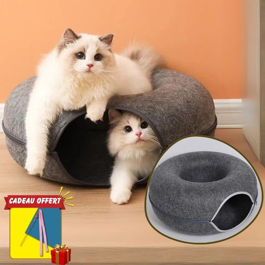Panier pour chat CozyDonut™ avec griffoir intégré et tunnel en feutre