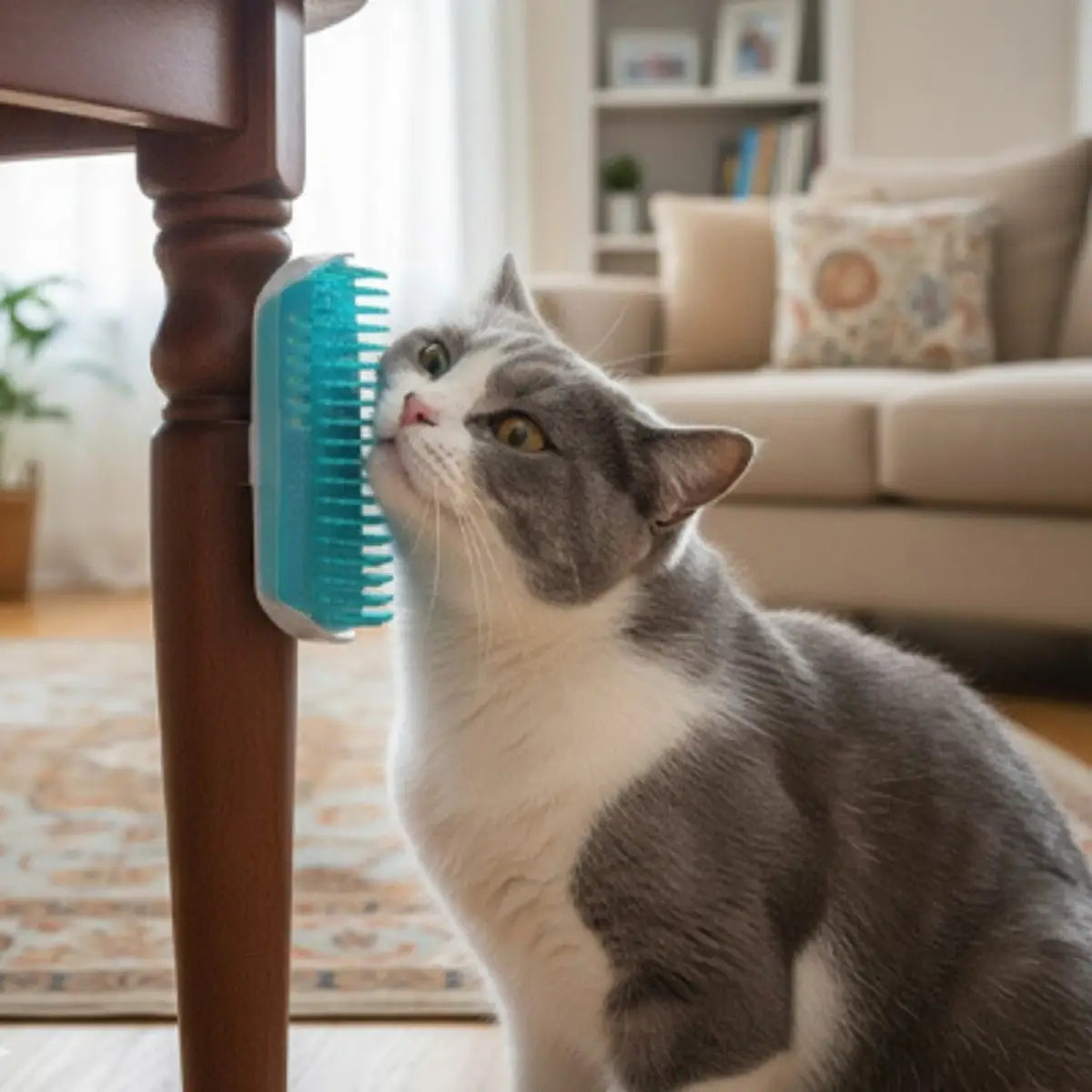 brosse à chat fixée à un meuble utilisée par un chat pour se gratter