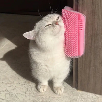 brosse à chat rose fixée au mur pour le massage et le toilettage