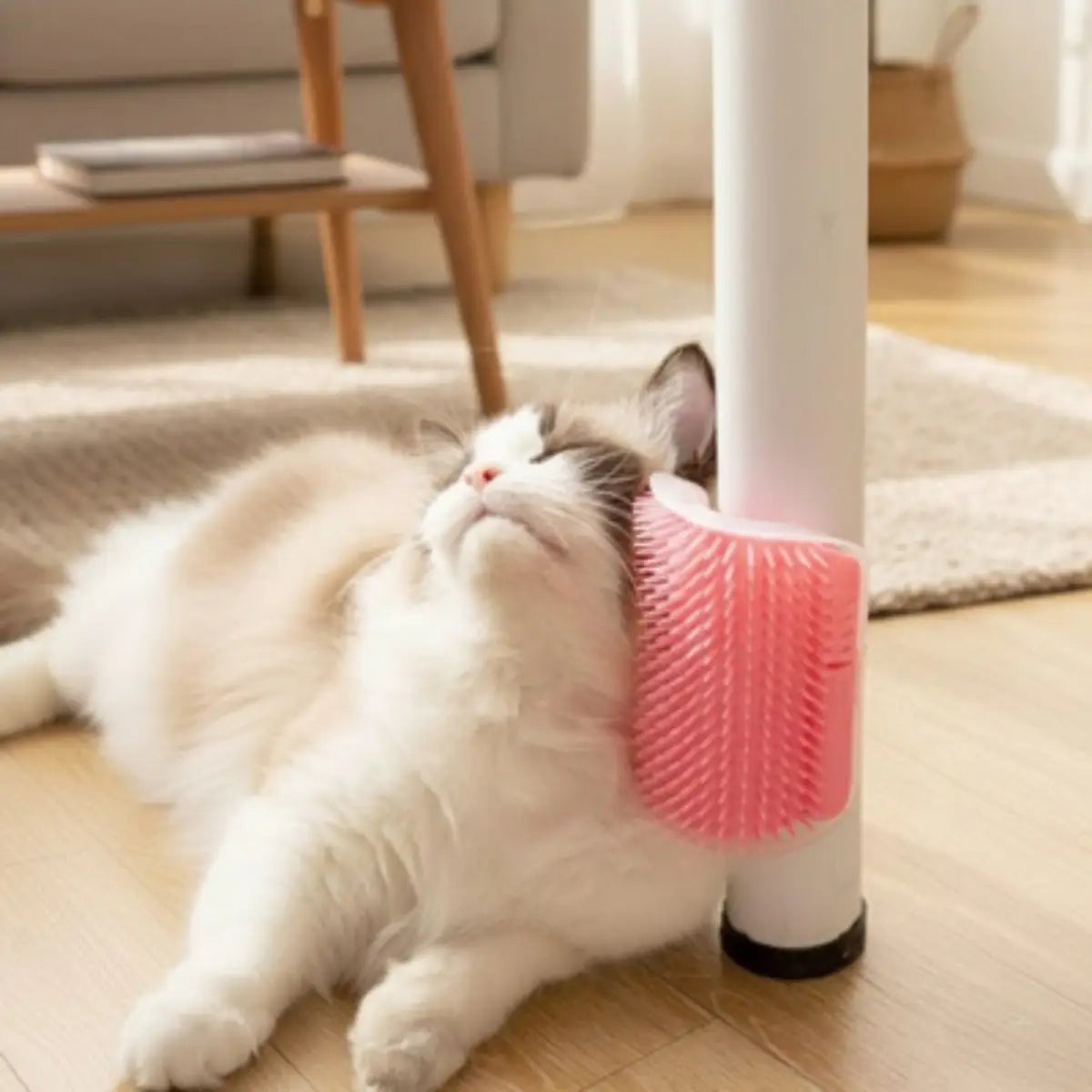 brosse à chat rose fixée sur un poteau, utilisée par un chat allongé