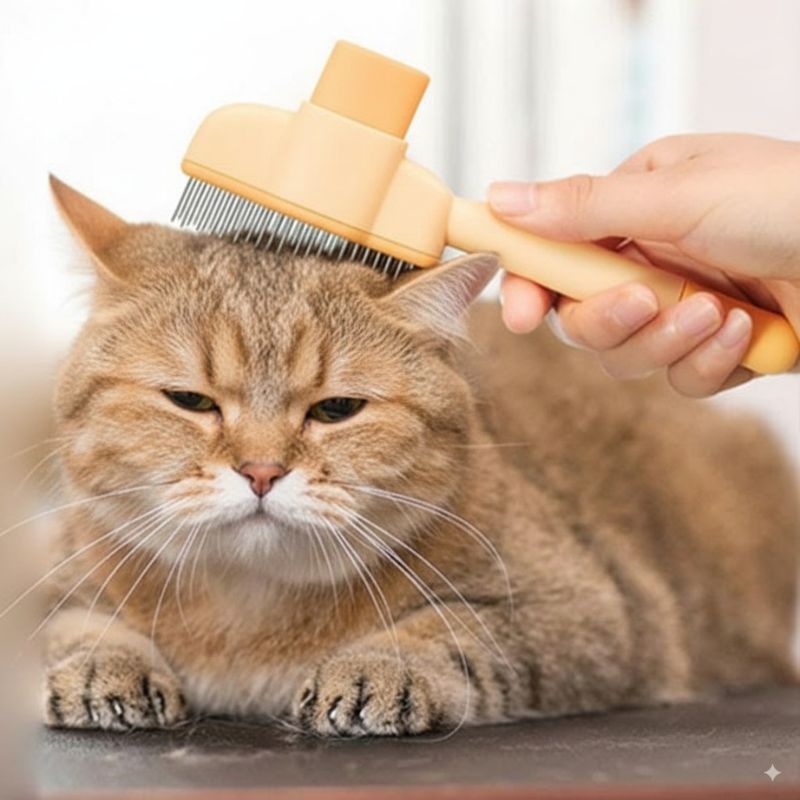 chat beige détendu pendant le toilettage chat avec une brosse à chat