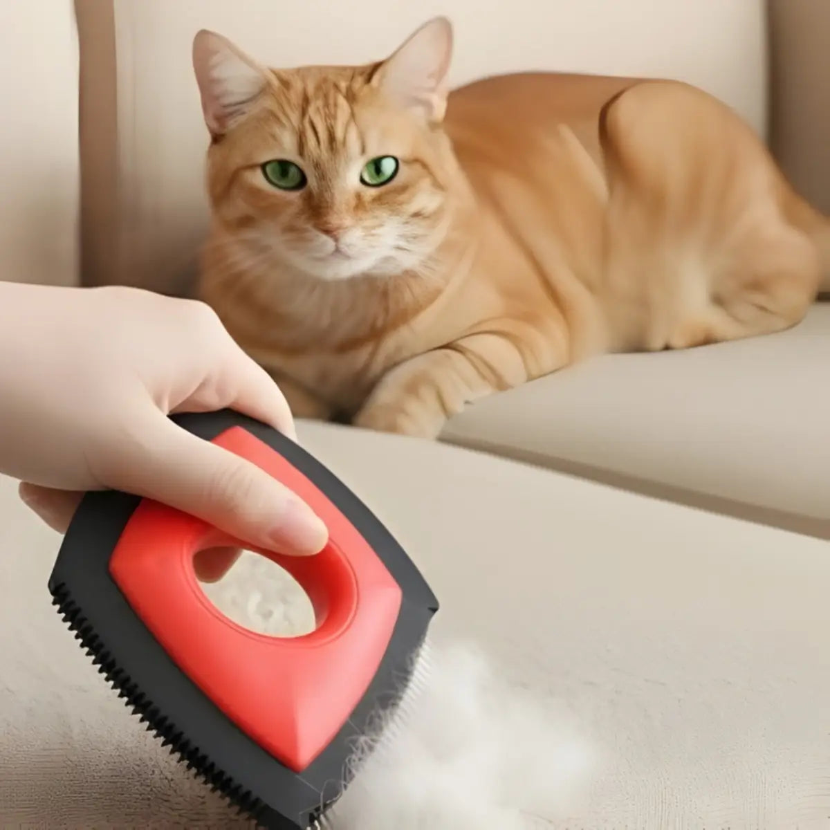 brosse anti poil chat utilisée sur un canapé avec un chat roux allongé - ambiance cosy