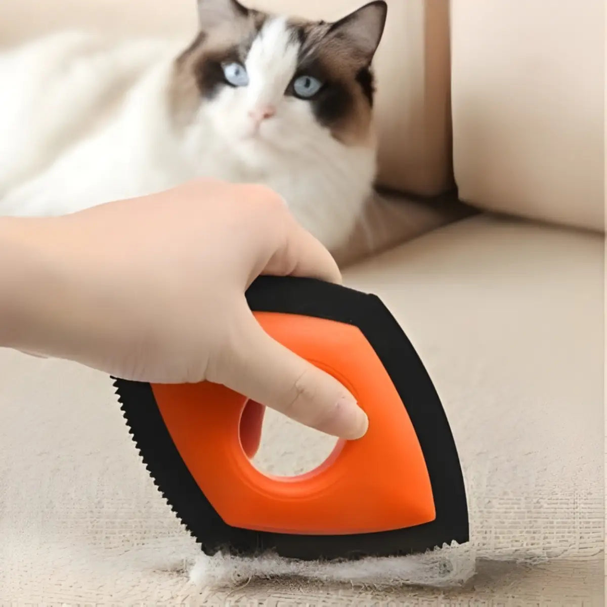 brosse anti poil chat pour éliminer les poils sur un canapé, pratique et efficace - vue de dessus
