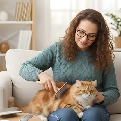 brosse chat poil long utilisée pour entretenir la fourrure d'un chat roux sur les genoux.