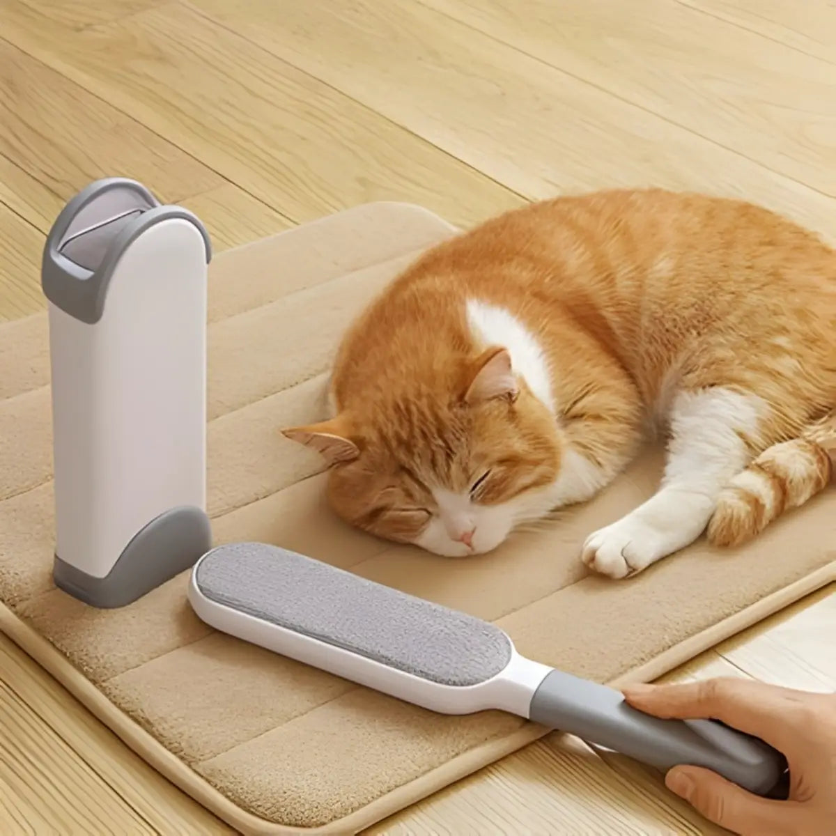 Brosse pour retirer les poils près d'un chat roux dormant sur un tapis beige.