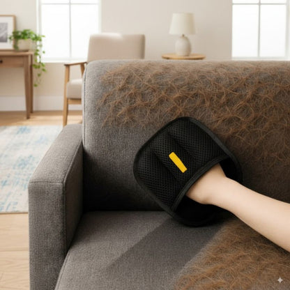 Brosse pour chat NovaGlove™ retirant les poils de chat sur un canapé, idéale pour le toilettage chat et la maison propre