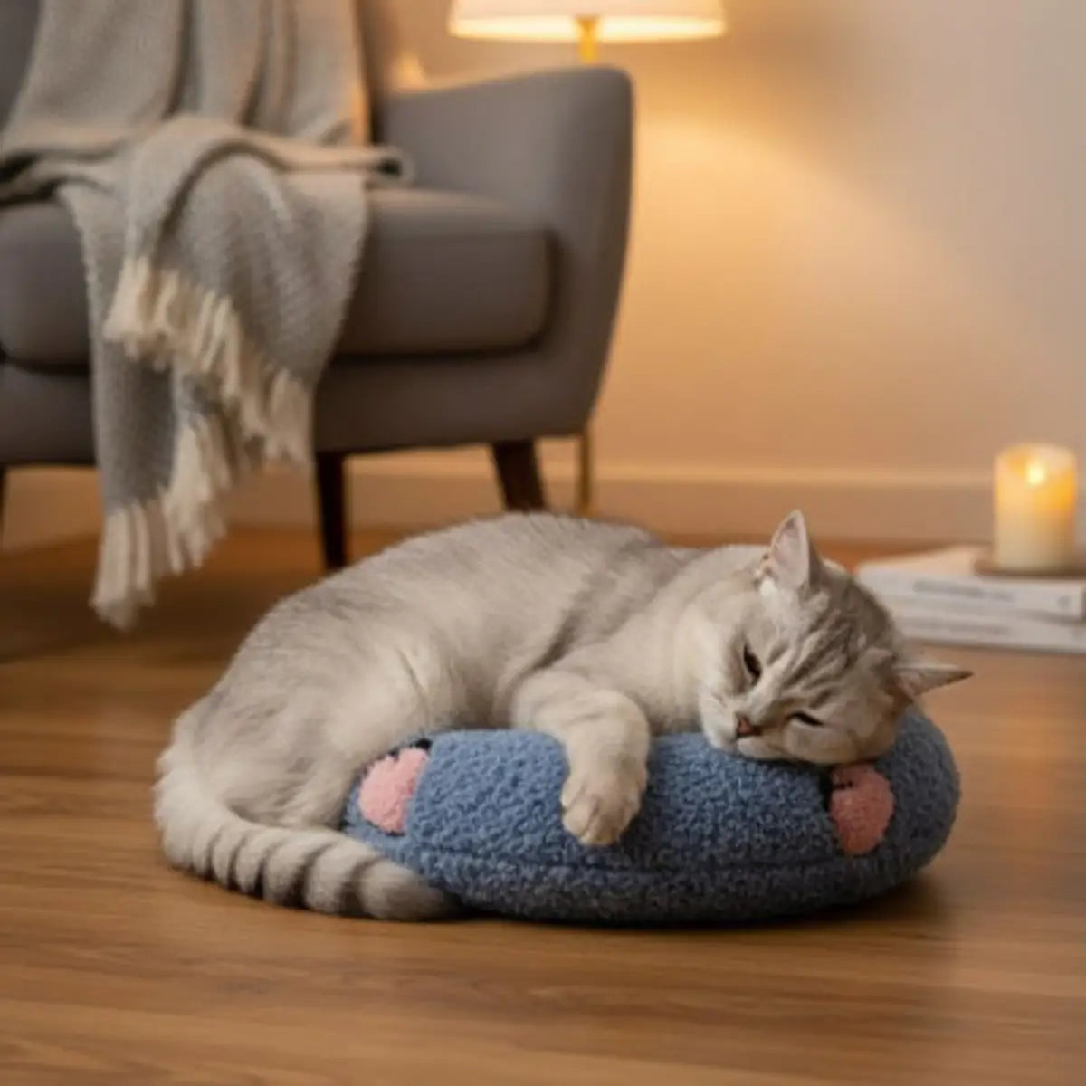 coussin pour chat confortable en bleu avec un chat endormi dessus