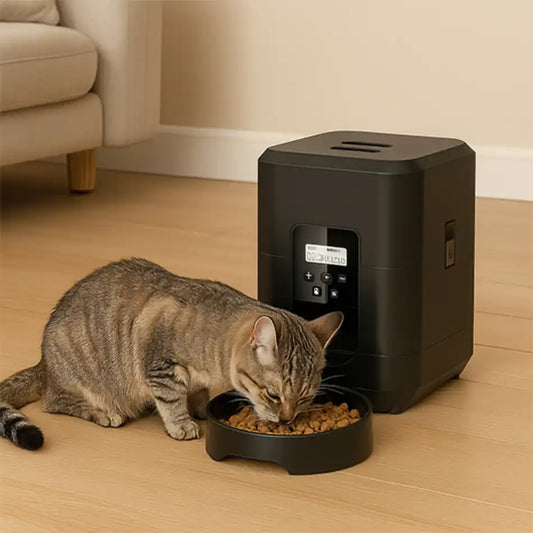 Chat à côté d’un distributeur automatique de croquettes avec écran programmable et bol amovible