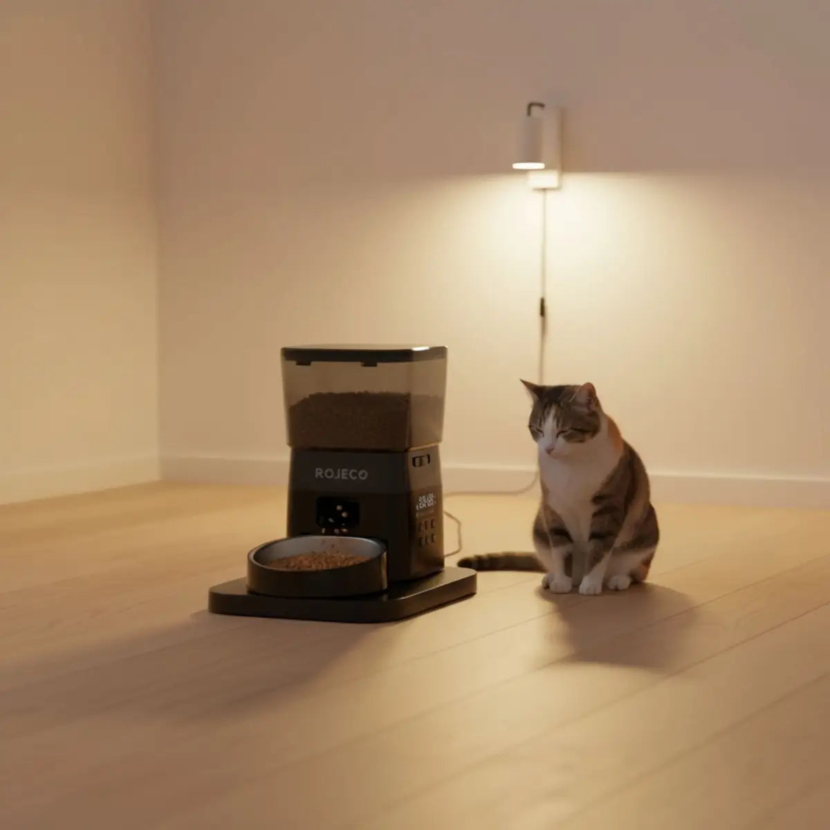 distributeur de croquettes pour chat moderne avec un chat assis à côté