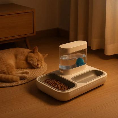 Distributeur de croquettes pour chat CasaDuo avec bol d'eau et design moderne. - fond neutre