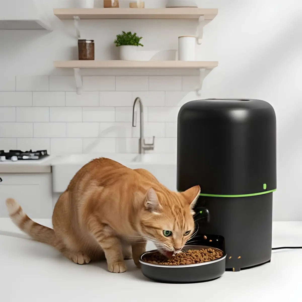 distributeur de croquettes pour chat connecté avec caméra et chat mangeant des croquettes - intérieur moderne