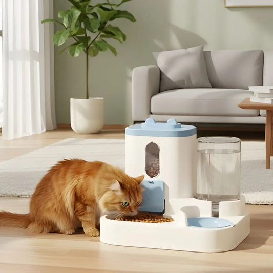 Distributeur de croquettes pour chat avec design moderne et bol intégré, idéal pour les félins.