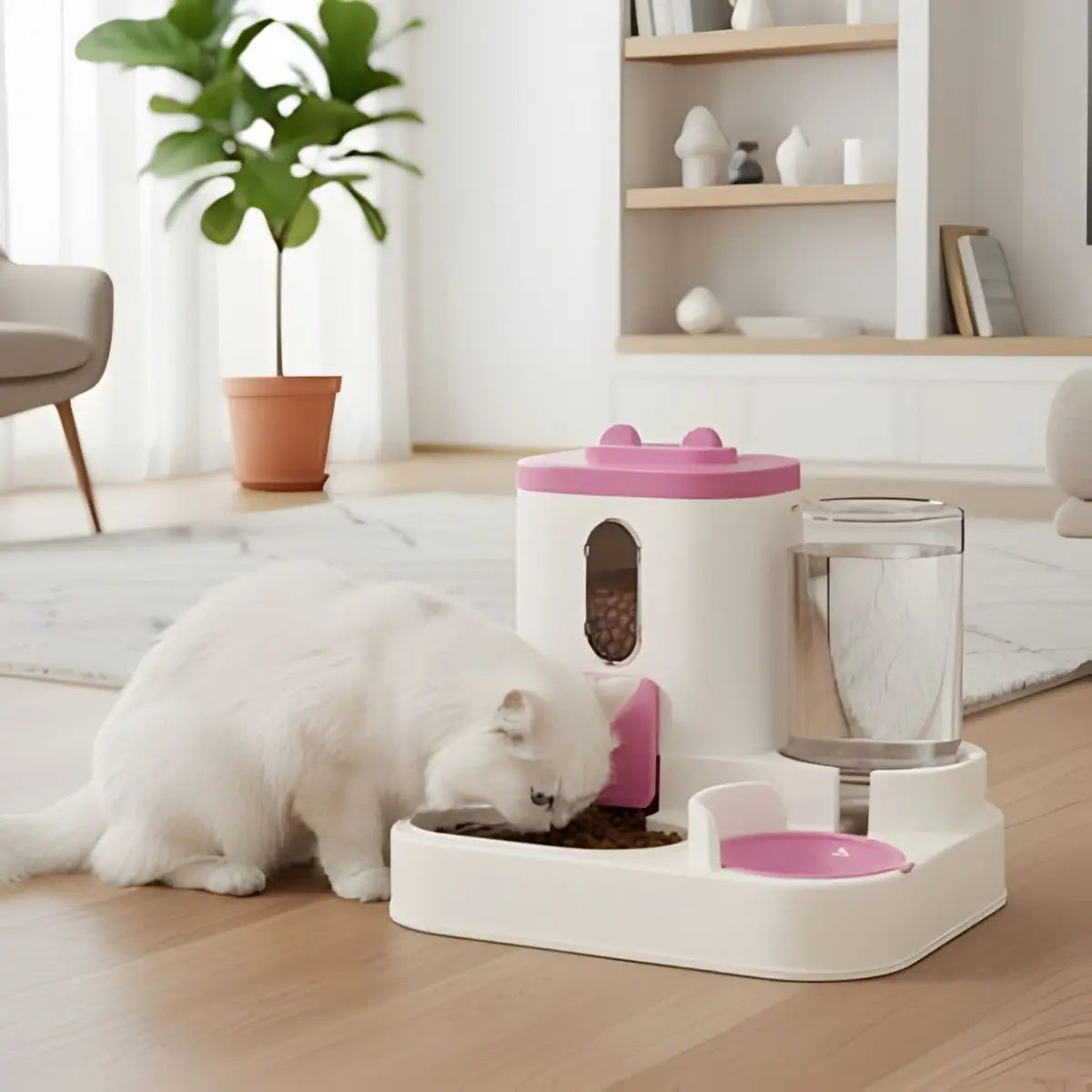 Distributeur de croquettes pour chat DuoFlow avec design pratique et moderne dans un salon. - vue de dessus