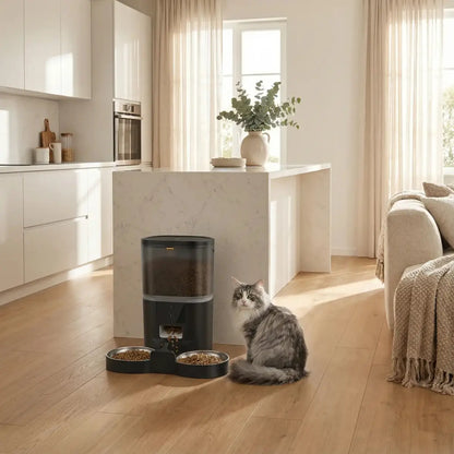 distributeur de croquettes pour chat noir avec design moderne dans une cuisine lumineuse