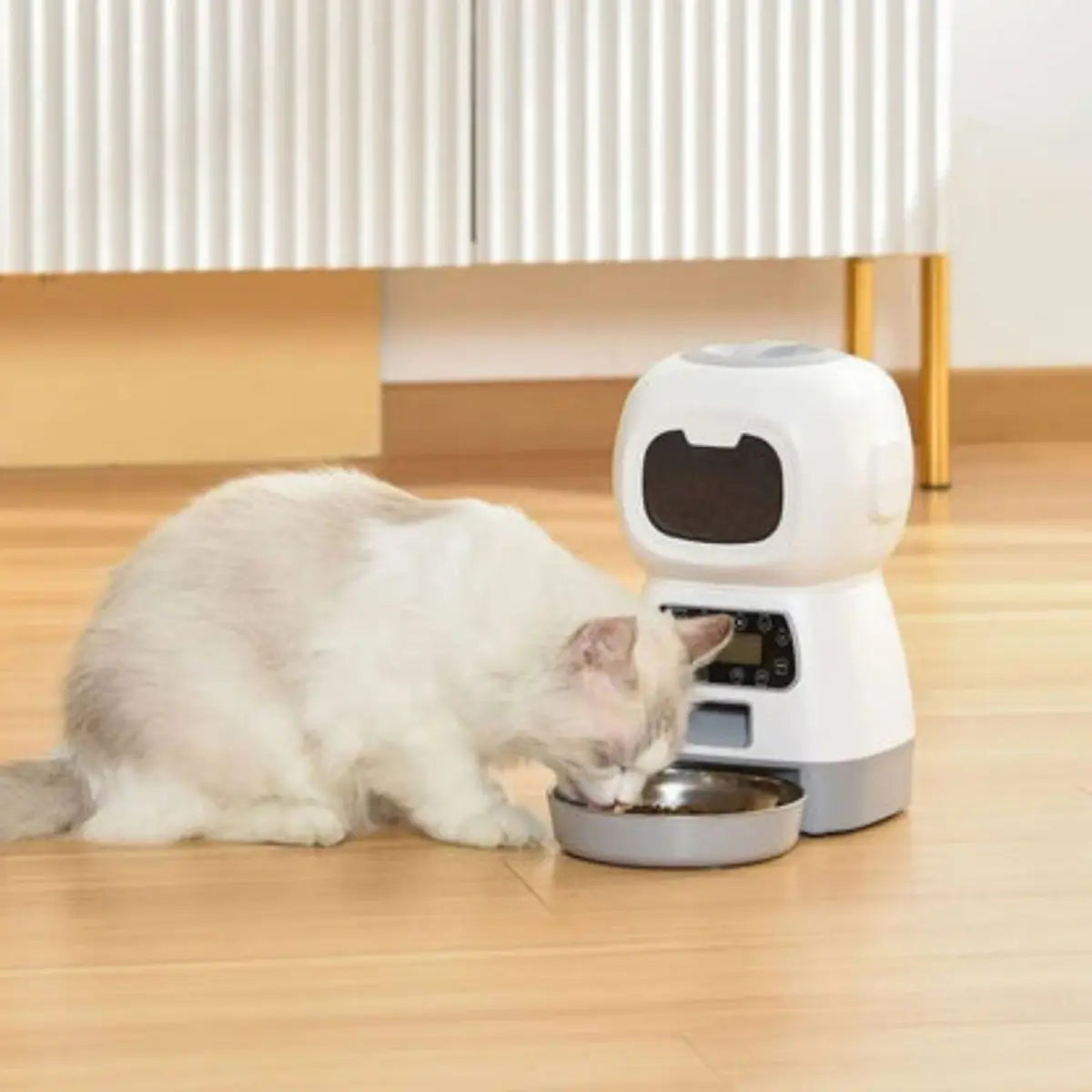 Distributeur de croquettes pour chat NutriZen avec un design moderne et un chat mangeant.