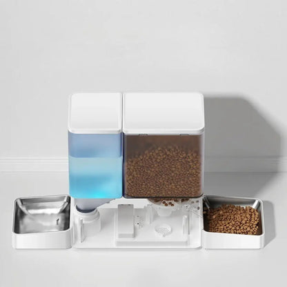 Distributeur de croquettes pour chat avec réservoirs d'eau et nourriture, design moderne.