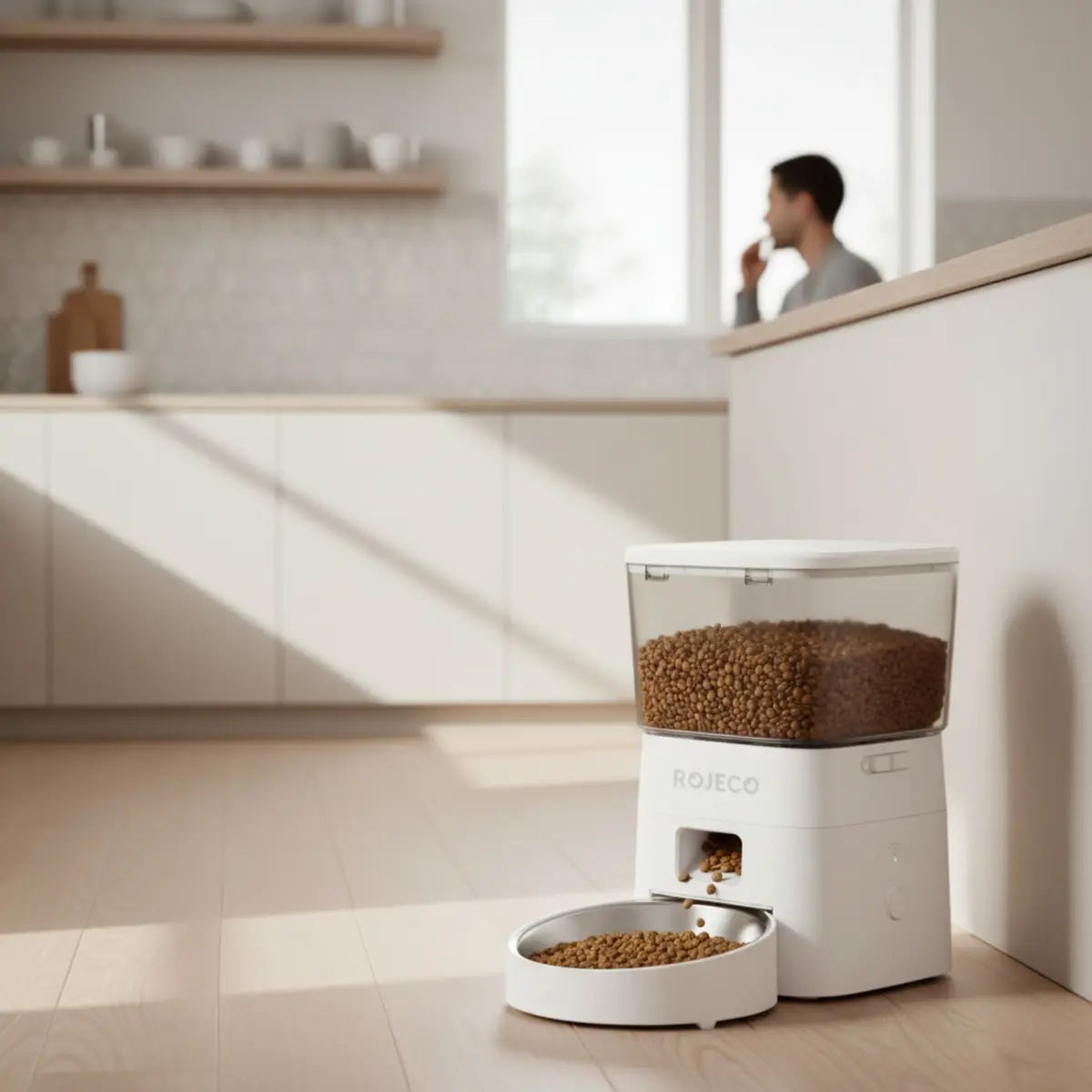 distributeur de croquettes pour chat blanc avec bol intégré dans une cuisine moderne