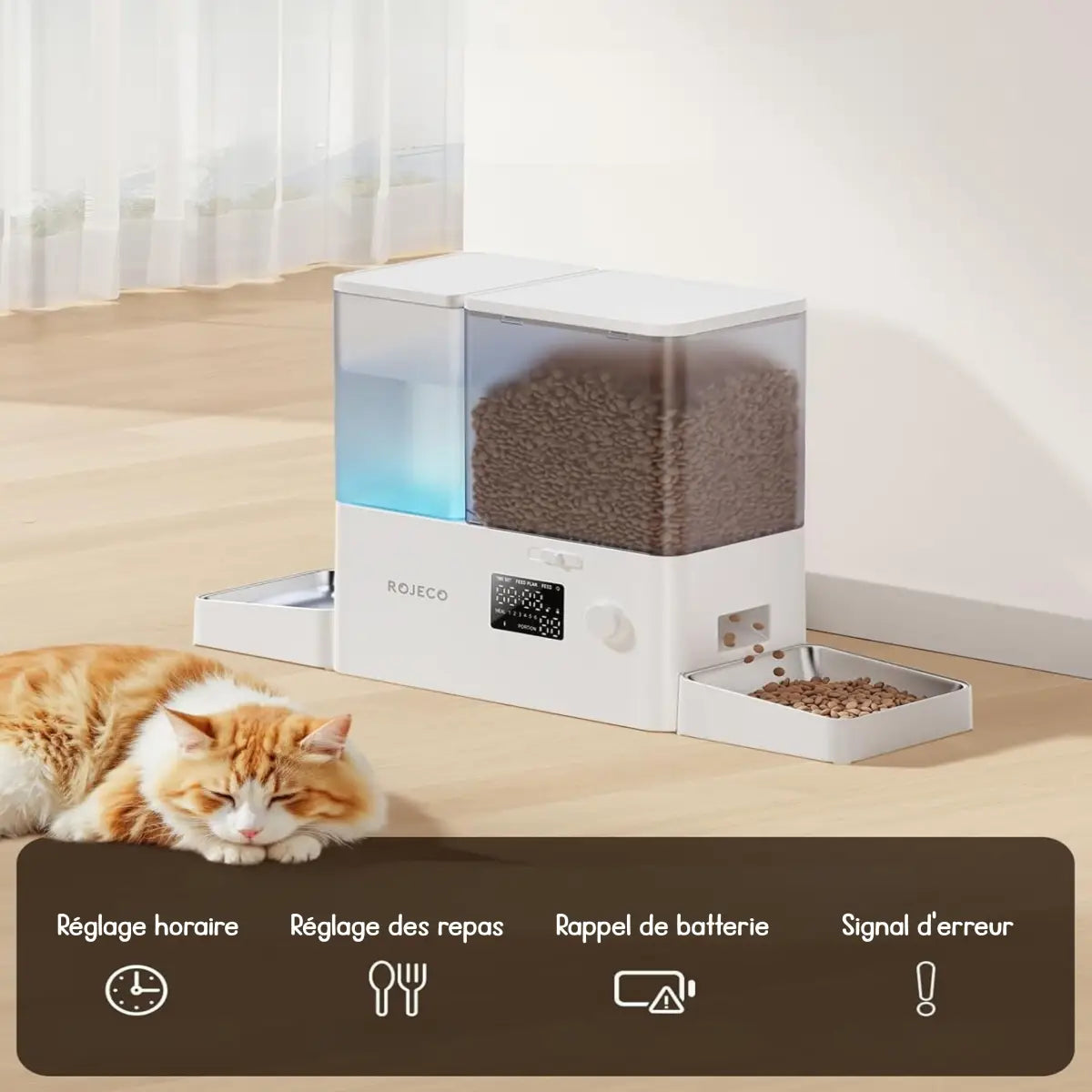 distributeur de croquettes pour chat avec réglages horaires et rappel de batterie, idéal pour vos animaux