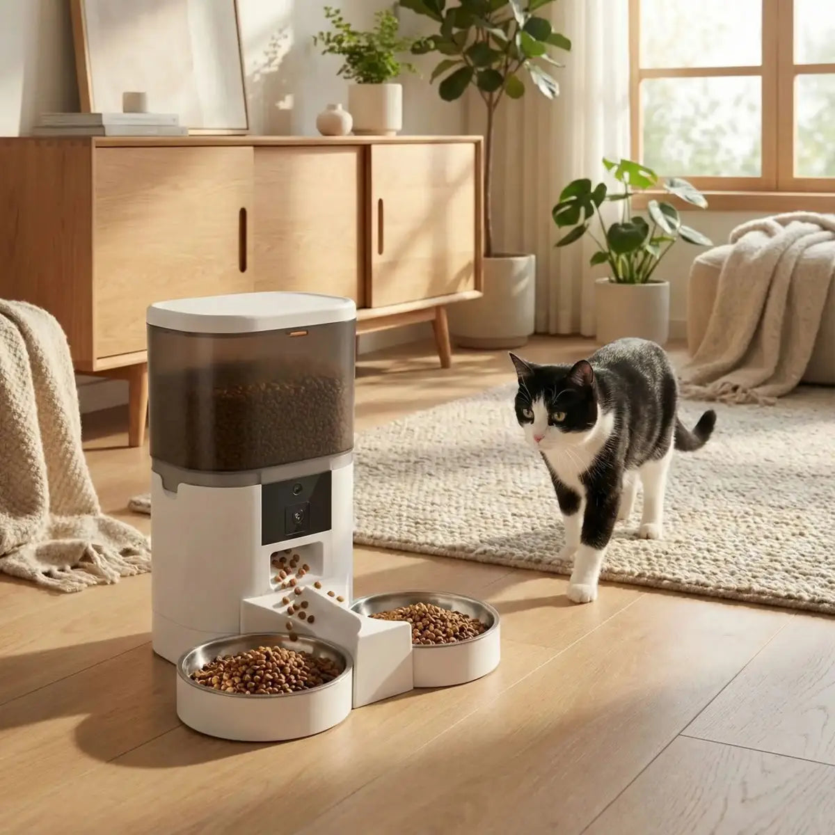 distributeur de croquettes pour chat VisionFeed™ avec design moderne et bols intégrés - fond neutre