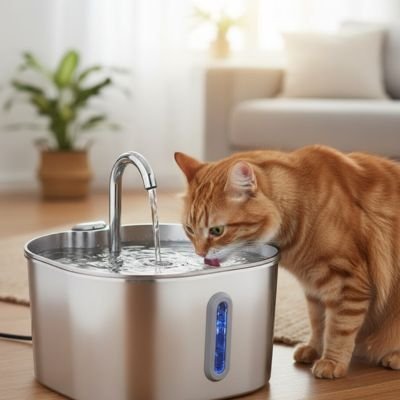 Distributeur d'eau moderne pour chat de 2.2L MonDouxMinou, avec sa fenêtre de niveau d'eau visible pour un remplissage facile.