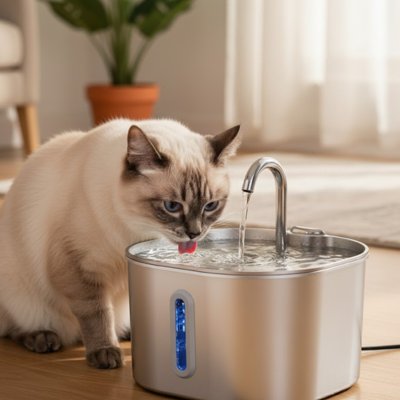  Fontaine à eau automatique pour chat en acier inoxydable, au design carré et moderne, posée dans un intérieur cosy