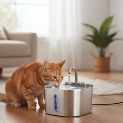 Fontaine à eau carrée en inox pour chat, équipée de son capteur de mouvement intelligent pour économiser l'énergie.