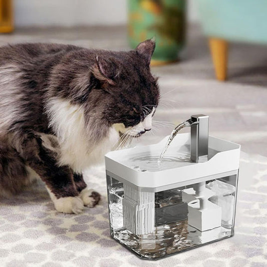 fontaine à eau pour chat blanche avec filtration multicouche et bec robinet